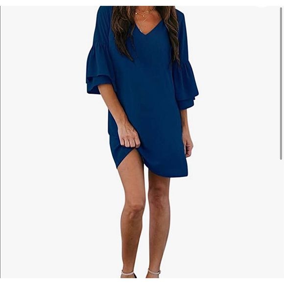 Belongsci Blue V~Neck Bell Sleeve Shift Dress 2XL NWT - Picture 1 of 5